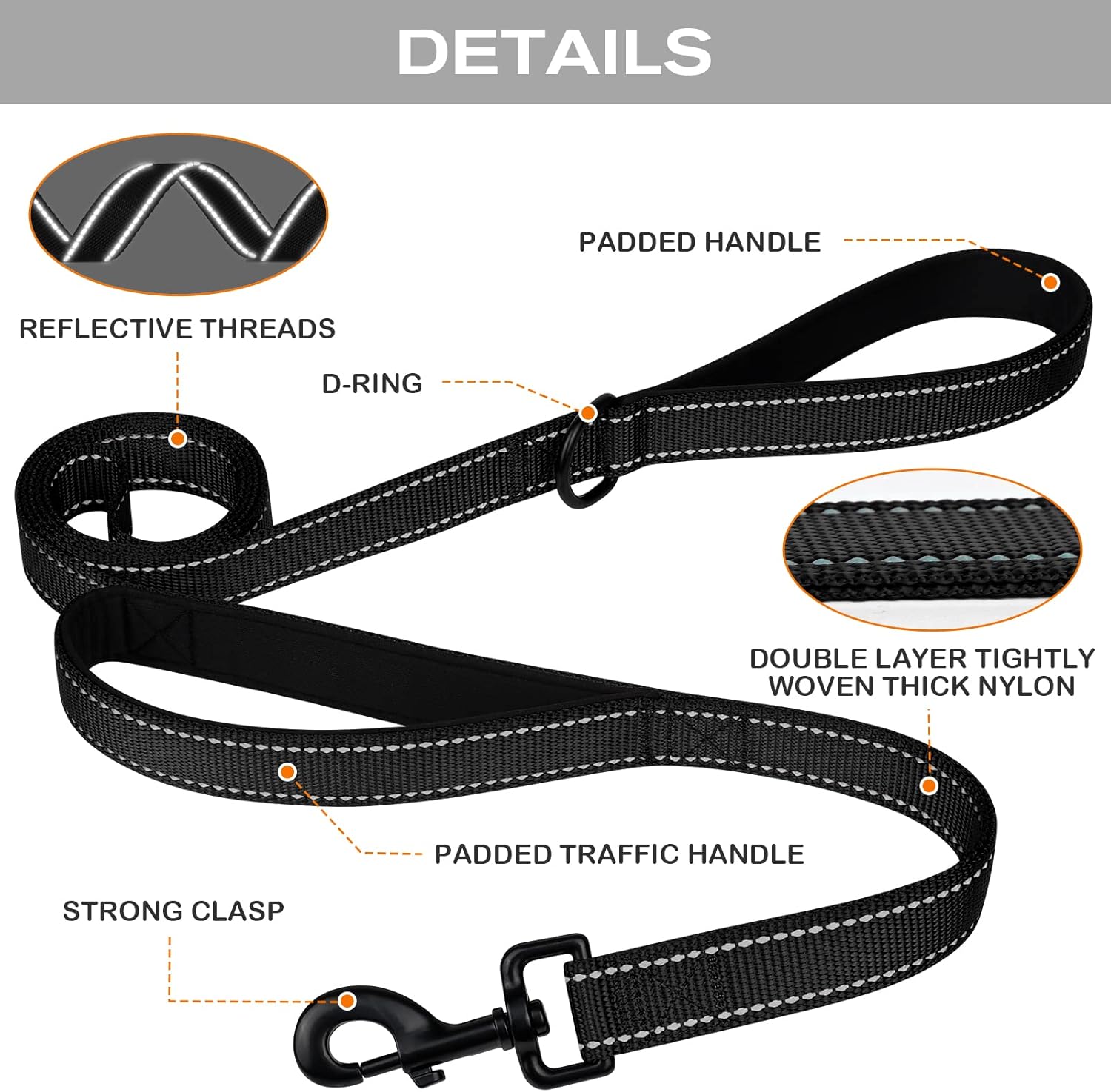 Dog Leash Heavy Duty for Large Dogs That Pull, Double Handle for Traffic Control, Double-Sided Reflective Leashes for Large Medium Dogs Night Safety
