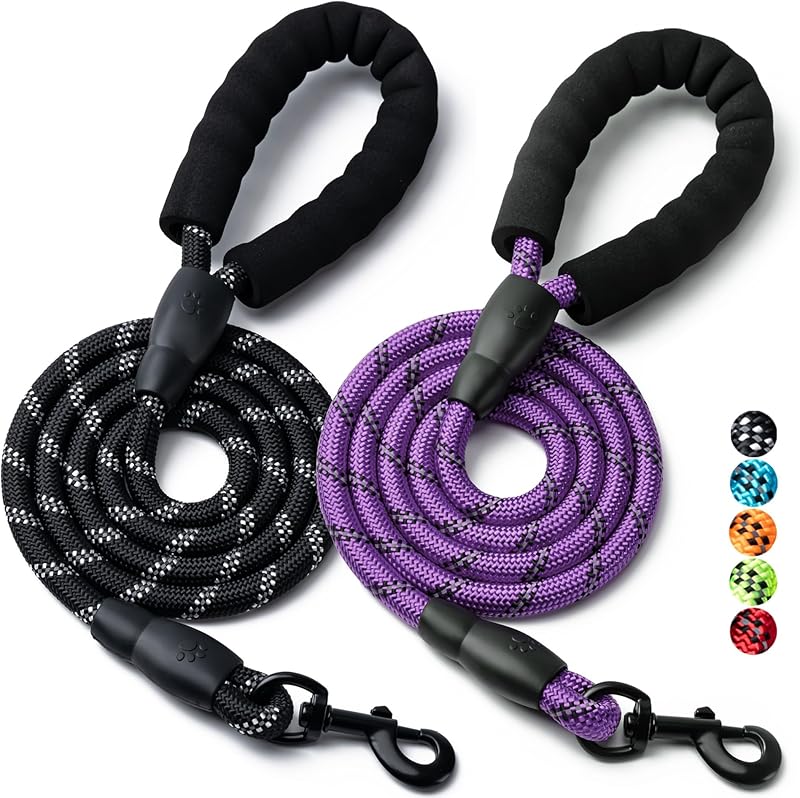 2 Pack Dog Leash, 4/5//6 FT Heavy Duty Nylon Rope Pet Leashes with Comfortable Padded Handle, Reflective Dog Leashes for Small Medium and Large Dogs