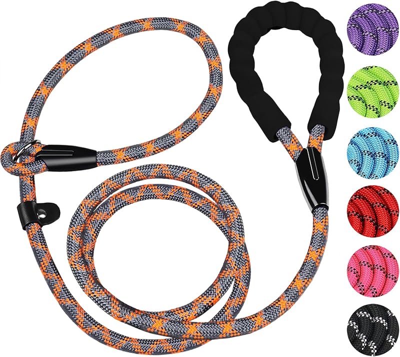 Durable Premium Quality Strong Training Rope Slip Leash with Comfortable Padded Handle and Highly Reflective Threads for Small Medium and Large Dogs