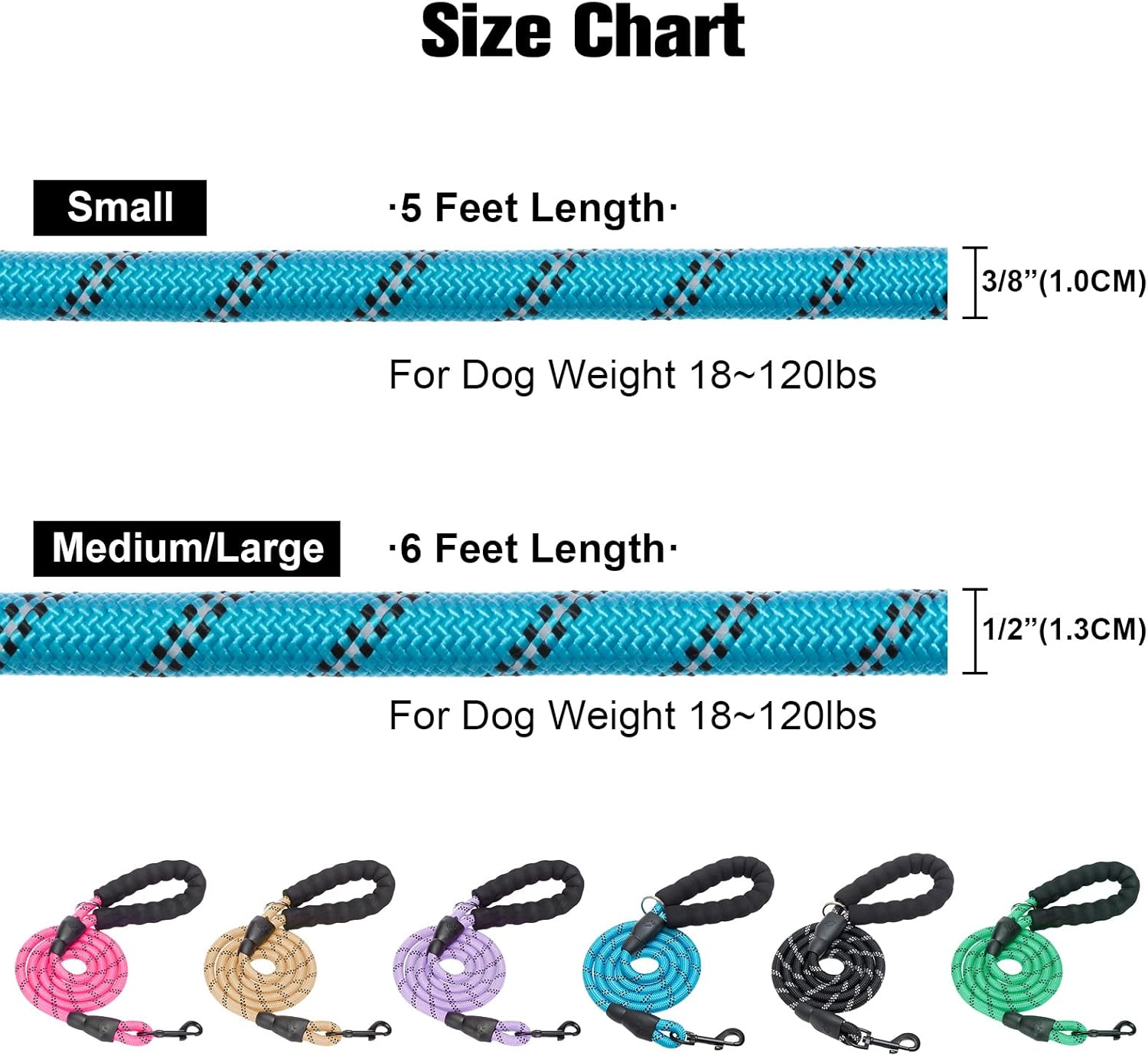 Heavy Duty Rope Dog Leash 6 Pack, 6FT Nylon Pet Leash with Reflective Thread, Soft Padded Handle Thick Lead Leash for Large Medium Dogs Small Puppy