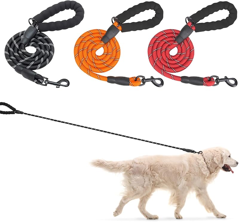 Heavy Duty Rope Dog Leash 6 Pack, 6FT Nylon Pet Leash with Reflective Thread, Soft Padded Handle Thick Lead Leash for Large Medium Dogs Small Puppy