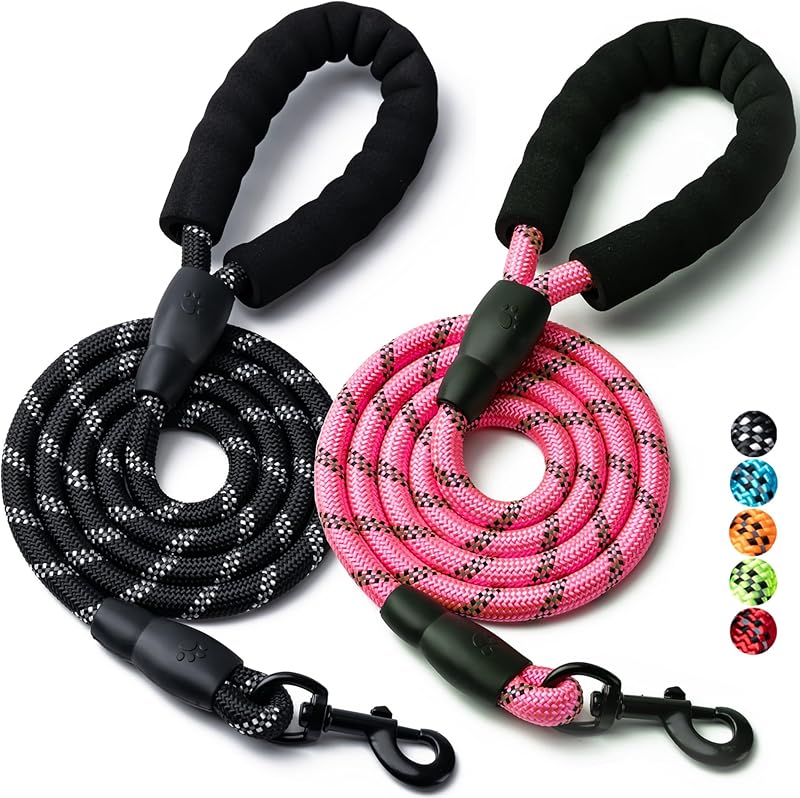 2 Pack Dog Leash, 4/5//6 FT Heavy Duty Nylon Rope Pet Leashes with Comfortable Padded Handle, Reflective Dog Leashes for Small Medium and Large Dogs