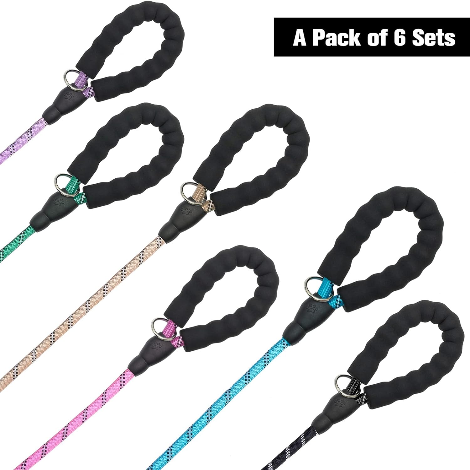 Heavy Duty Rope Dog Leash 6 Pack, 6FT Nylon Pet Leash with Reflective Thread, Soft Padded Handle Thick Lead Leash for Large Medium Dogs Small Puppy