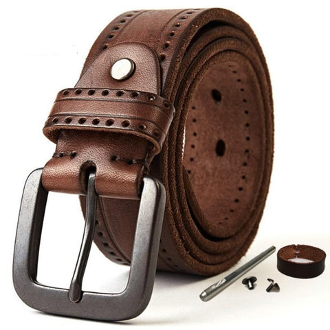 Leather Belt Men's Hard Metal Matte Buckle Men's Original Leather Belt 100-150cm Jeans Belt Screw Accessories