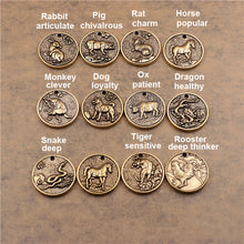 Load image into Gallery viewer, B 1pcs Solid Brass Keychain Charm Pendant High Quality Chinese Zodiac Signs Leather Craft DIY Decoration Keyring Animals Coin