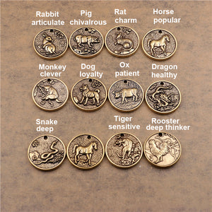 B 1pcs Solid Brass Keychain Charm Pendant High Quality Chinese Zodiac Signs Leather Craft DIY Decoration Keyring Animals Coin