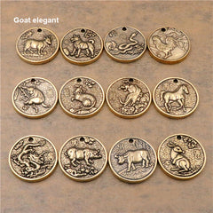 B 1pcs Solid Brass Keychain Charm Pendant High Quality Chinese Zodiac Signs Leather Craft DIY Decoration Keyring Animals Coin