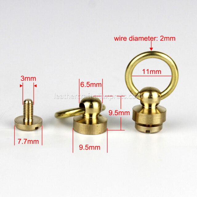 B 10Pcs Solid Brass Ball Post Studs Rivet with D ring Screwback Round Head Nails Spots Spikes Leather Craft DIY Accessories